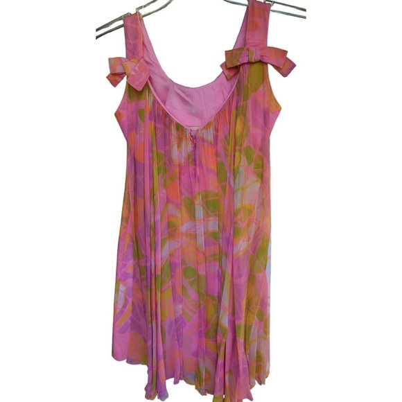Dress 1960-75 Go Go Union Made Pink Green Psychedelic Bows Flowy - Picture 14 of 15